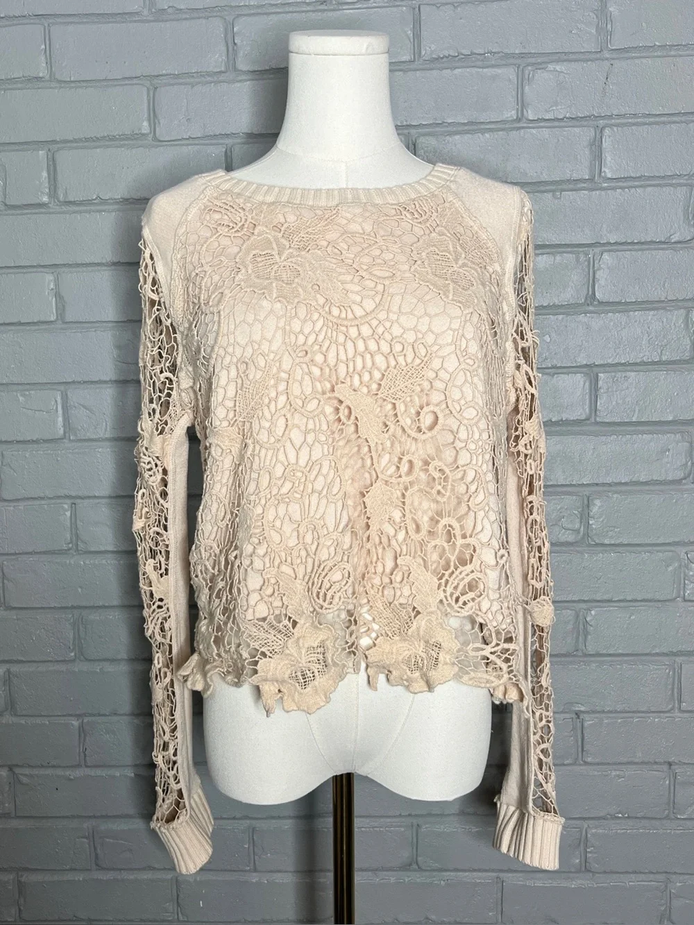 Free People Pretty Rad Champagne Crochet Open Back Lace Long-Sleeve Top - XS